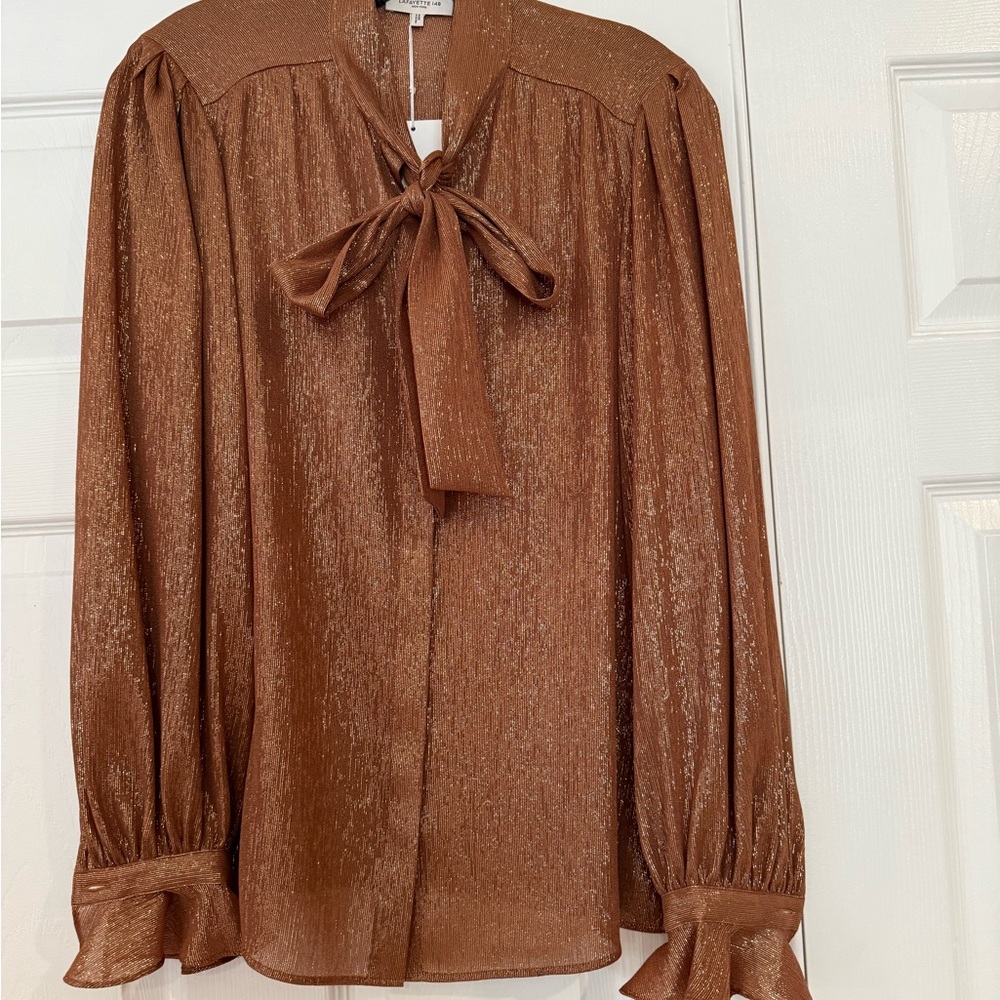 Lafayette 148 New York Bryon Cappuccino MetallicTie Neck Ruffle Sleeve Blouse